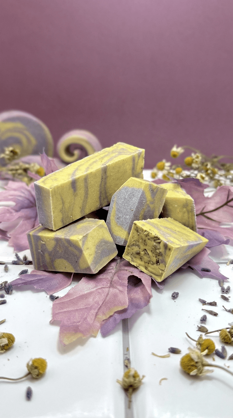 Yellow and purple swirled soap bars in various sizes arranged on white surface with scattered lavender buds, chamomile flowers, and purple ribbon. Marbled texture visible on cut surfaces.