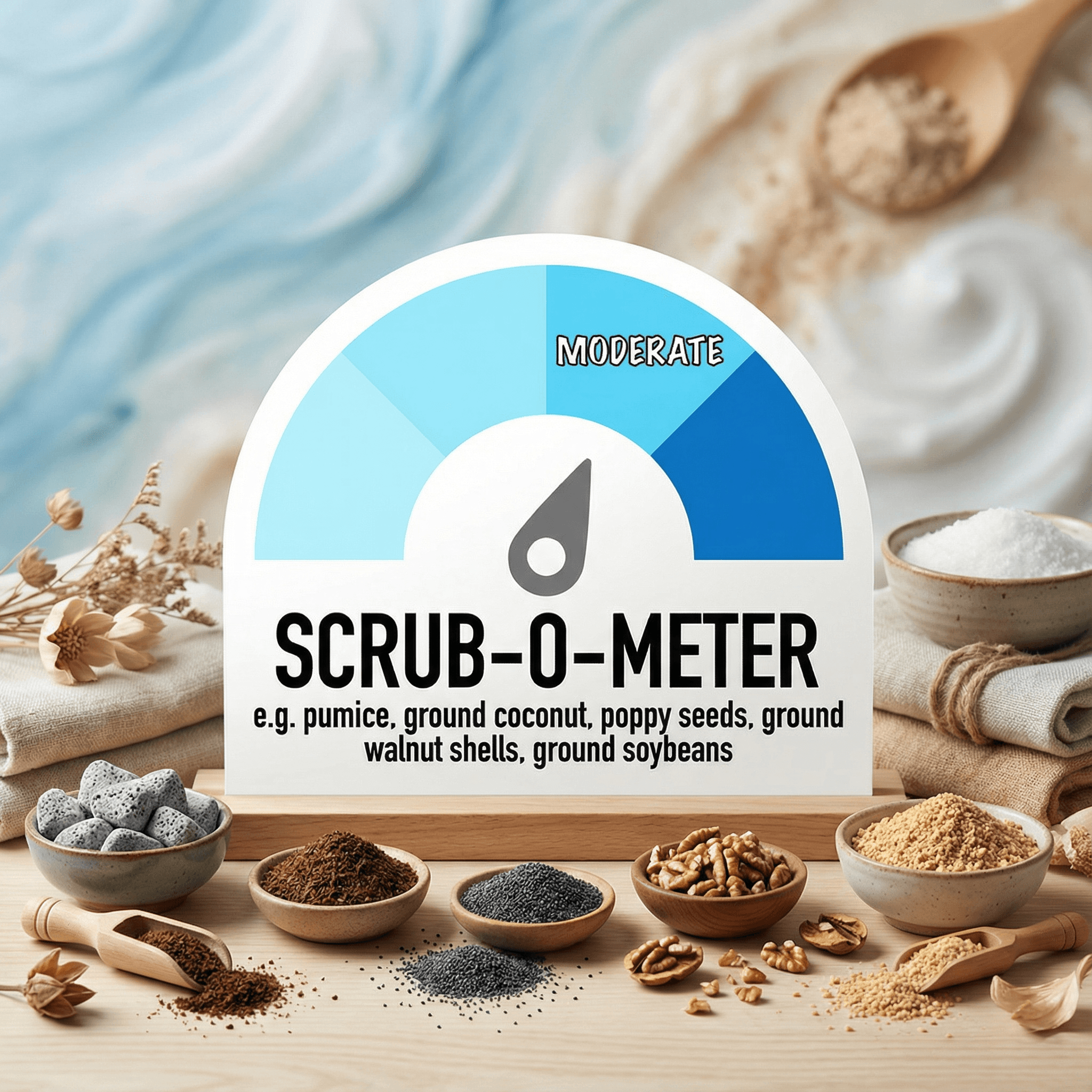 A Scrub-O-Meter gauge reading 'moderate' displayed with various natural exfoliants in bowls including pumice stones, ground coffee, poppy seeds, walnuts, and soybeans on a wooden surface.