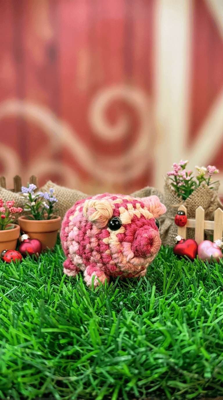 Crocheted guinea pig sachet in pink, cream, and mauve variegated yarn with black bead eyes, displayed on artificial grass with miniature garden scene including potted flowers, wooden fence, and ladybug decorations.
