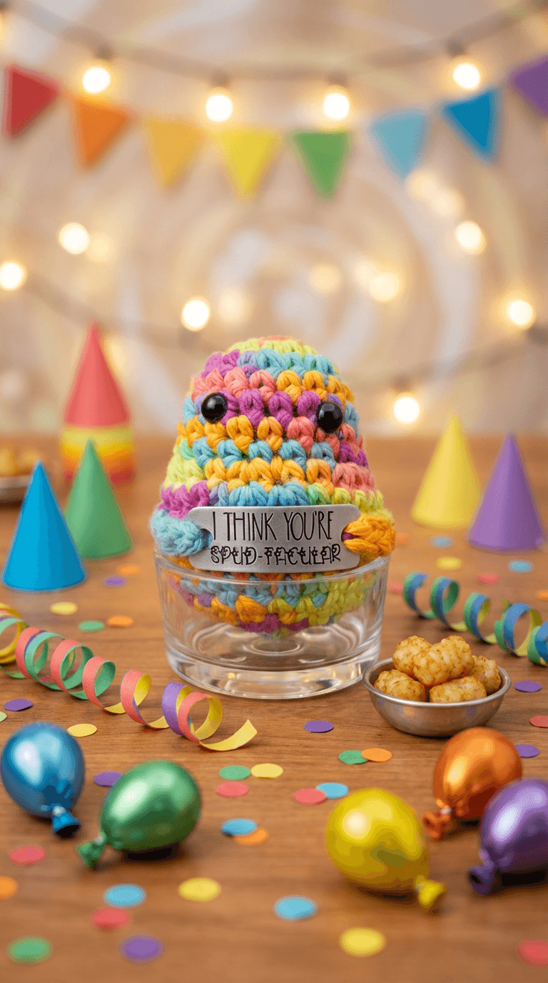 Rainbow-striped crocheted potato character with black bead eyes sitting on a glass, holding a banner reading 'I think you're spud-tacular', surrounded by colorful party decorations.