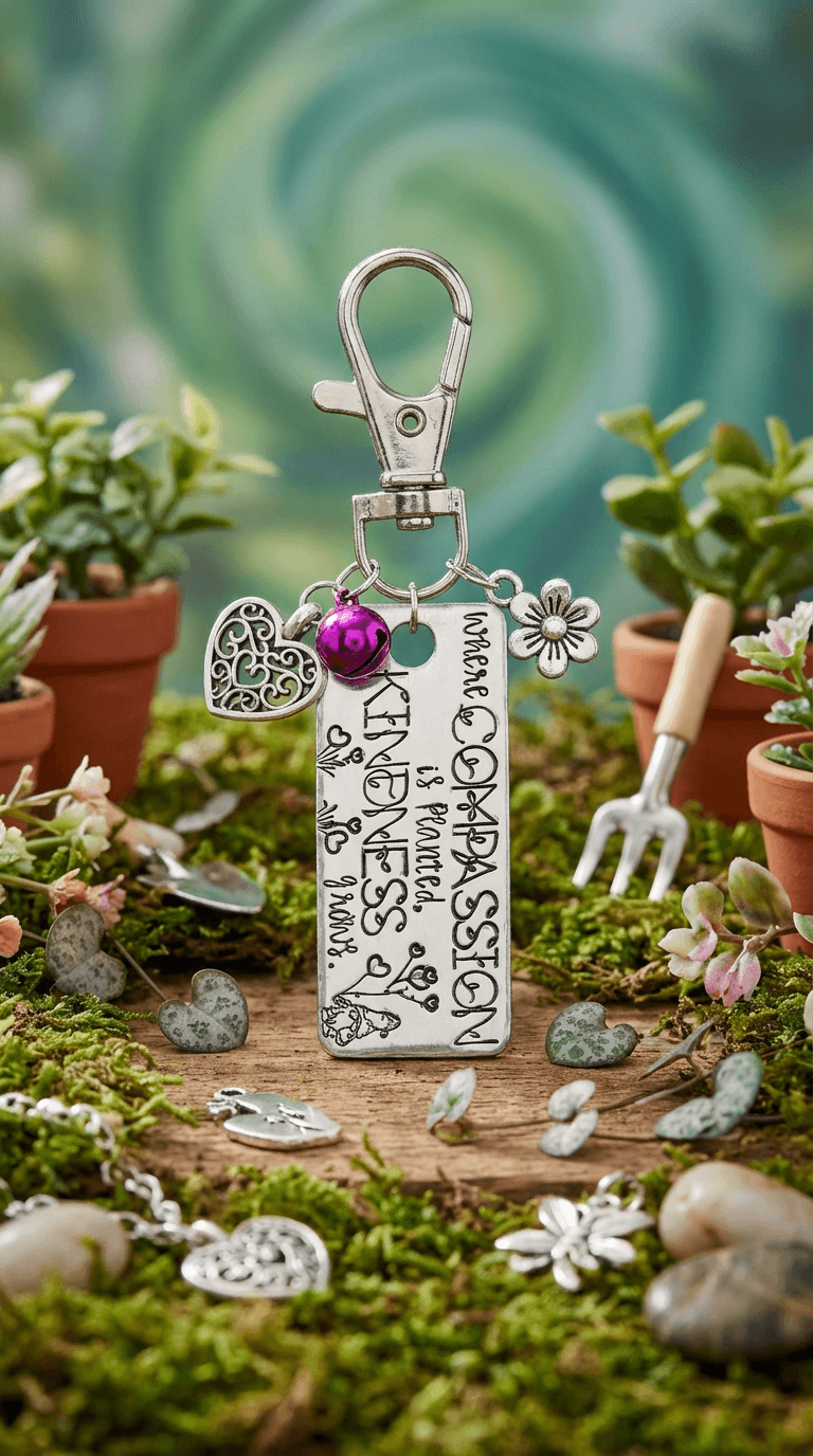 Silver rectangular keychain with engraved text reading 'Compassion, Kindness, Love Me, Thank You' surrounded by decorative elements. Features a filigree heart charm, flower charm, and purple jingle bell on a mossy surface with small potted succulents and a miniature garden fork.