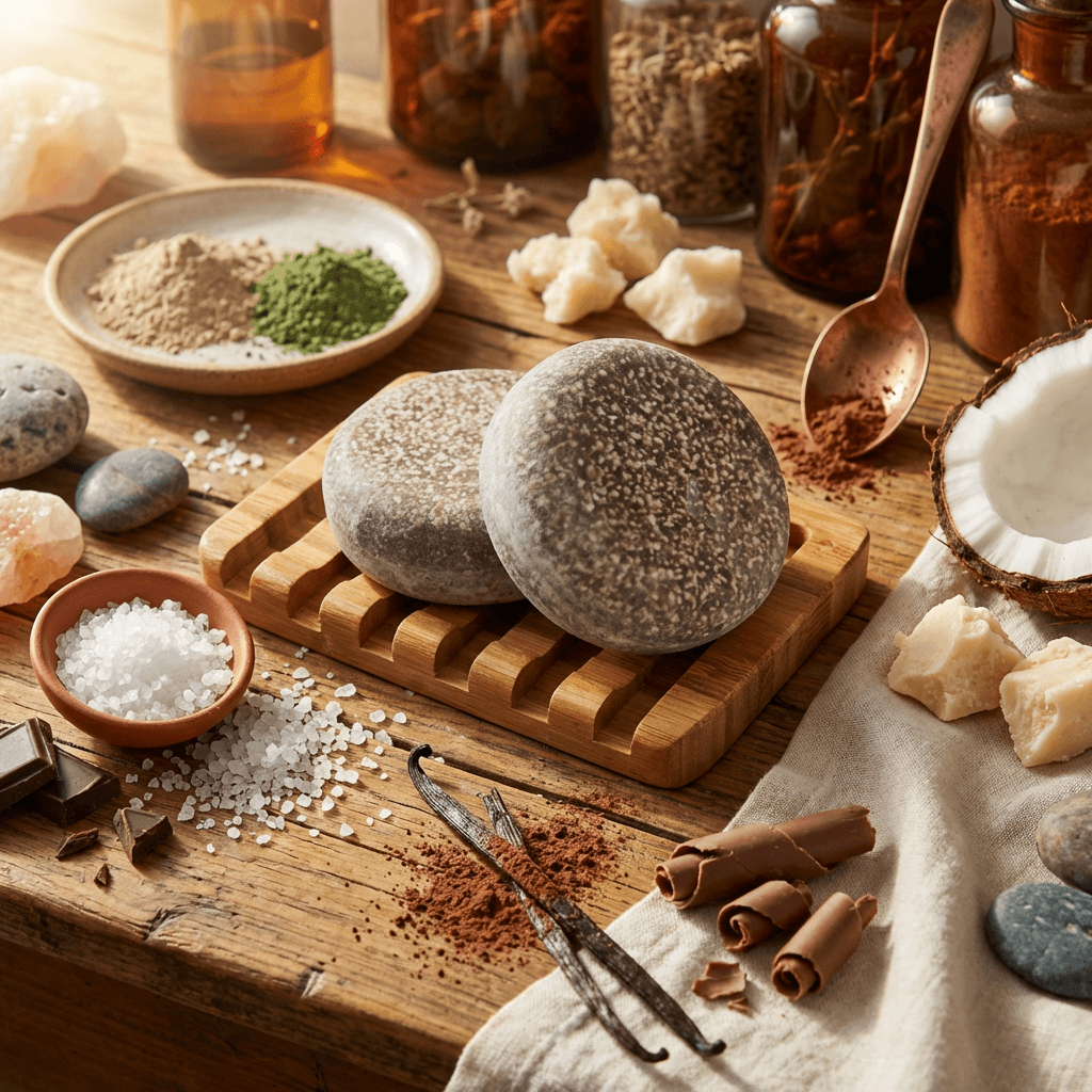 Two round gray soap bars with speckled texture on wooden board, surrounded by natural ingredients including coconut, shea butter, vanilla beans, cinnamon, sea salt, and botanical powders.