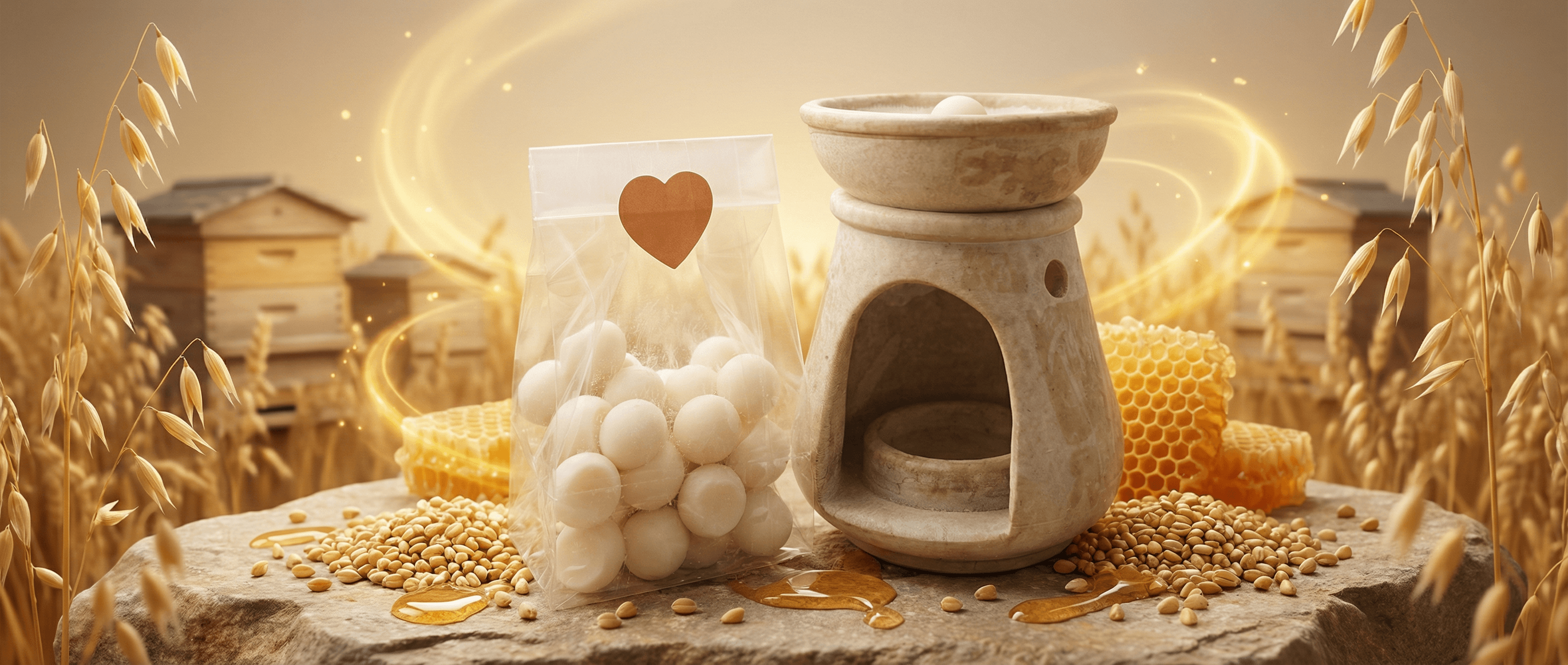 Ceramic oil warmer and clear bag of white wax melt spheres with gold heart label, displayed with honeycomb, oat stalks, and scattered grains on rustic surface with beehive boxes in background.