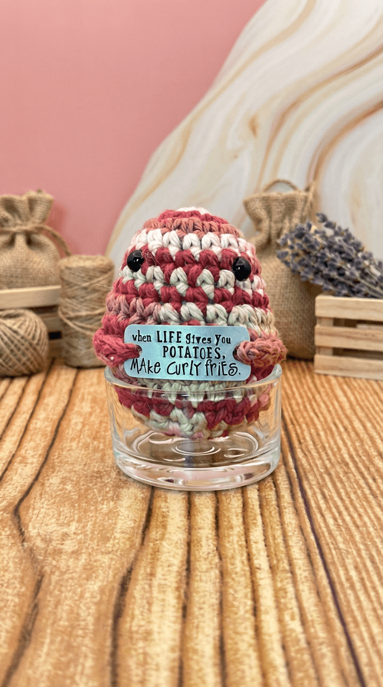 Hand-crocheted potato figure in variegated pink, burgundy and cream yarn with black button eyes, displayed in a clear glass on wood surface with rustic décor behind it.