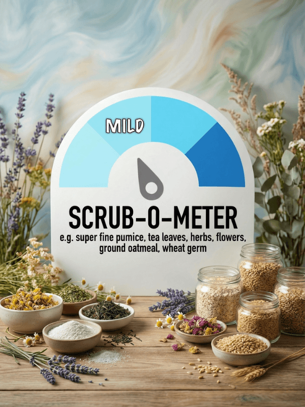 Educational display showing a Scrub-O-Meter gauge pointing to 'MILD' surrounded by natural exfoliant ingredients in bowls and jars including lavender, oatmeal, wheat germ, and dried flowers on a wooden surface.