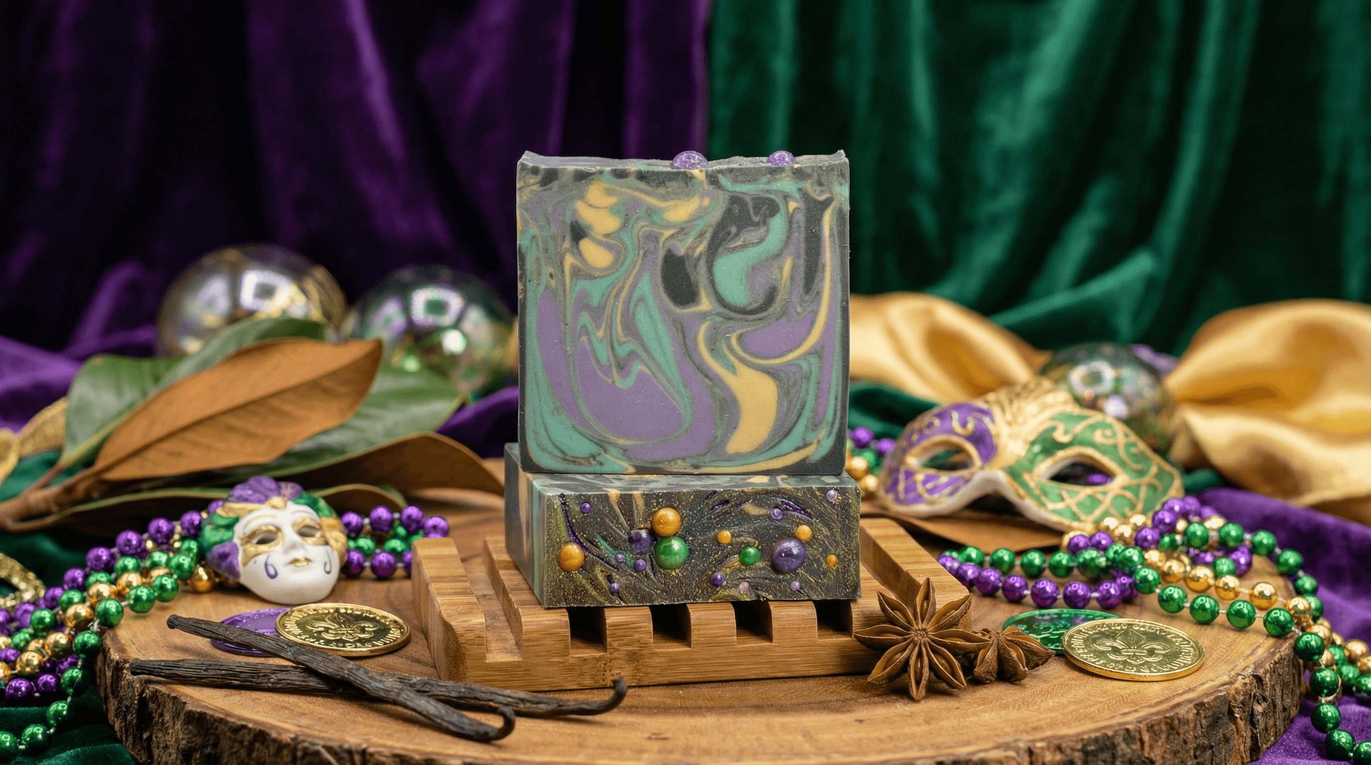 Swirled handmade soap bar in purple, green, gold, and black marble pattern, displayed on wooden soap dish surrounded by Mardi Gras beads, masks, coins, vanilla beans, and star anise.