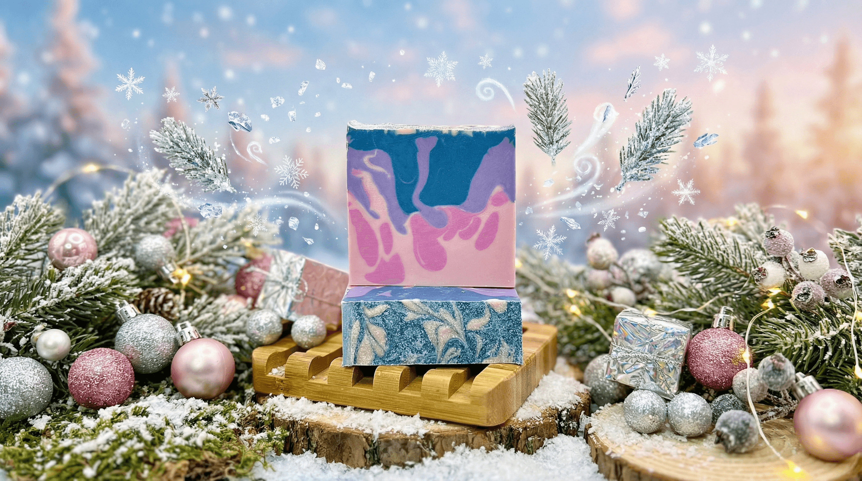 Two-layer handcrafted soap bar with swirled pink and purple top, glittery blue marbled bottom, displayed on wooden soap dish amid frosted pine, snowflakes, and pastel ornaments in winter scene.
