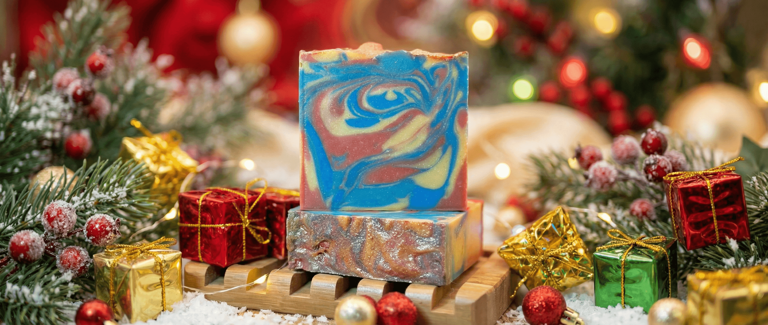 Two handcrafted soap bars stacked on wooden slats, surrounded by miniature wrapped gift boxes and frosted pine garland. Top bar features swirled blue, coral, and cream marbling.
