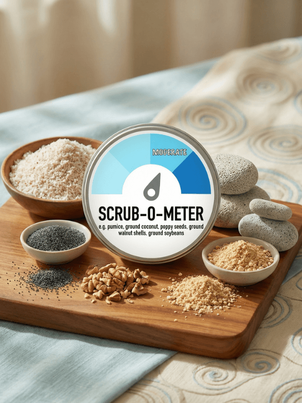Round tin labeled Scrub-O-Meter on wooden board surrounded by exfoliating ingredients: ground coconut, poppy seeds, walnut shells, and soybeans in small bowls and scattered on surface.