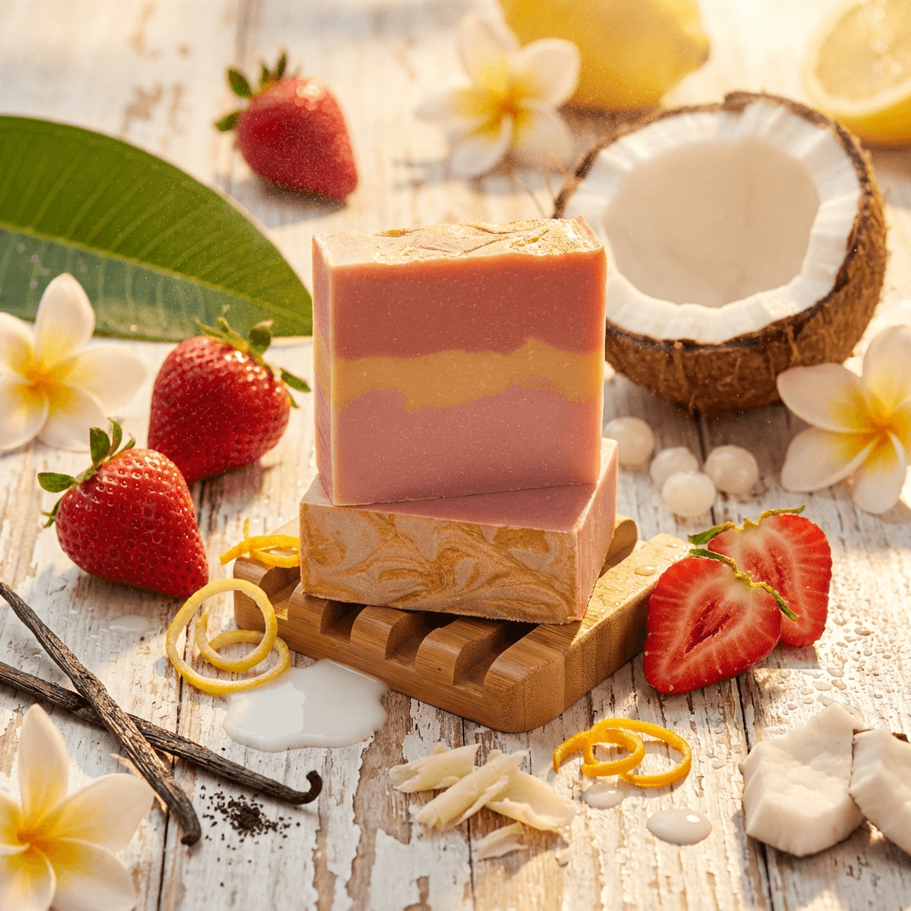 Two stacked bars of handmade soap in coral-pink with gold swirls, displayed on a wooden soap dish surrounded by fresh strawberries, coconut halves, vanilla beans, lemon, and tropical flowers.