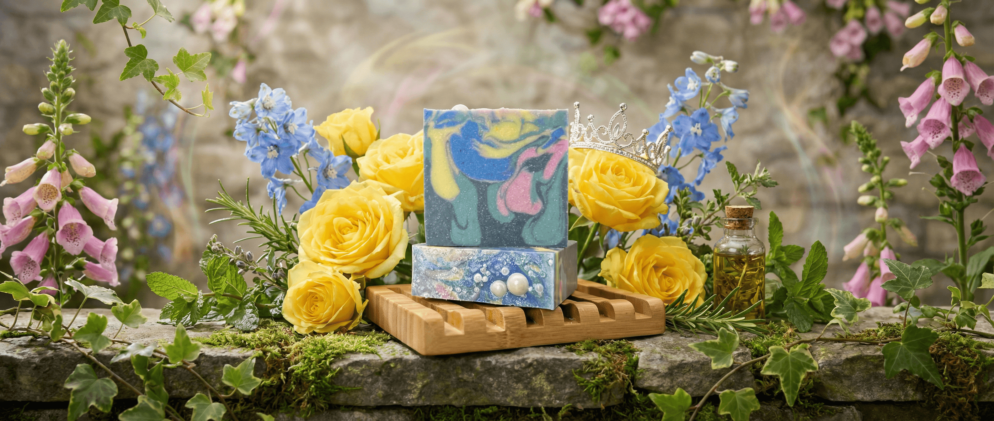 Two handcrafted soap bars on wooden dish surrounded by yellow roses, blue delphinium, and pink foxglove. Upright bar shows swirled blue, yellow, pink, and teal marbled design topped with small silver crown.