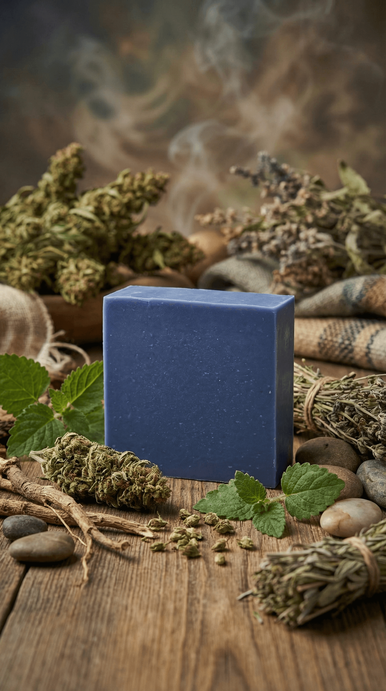 Deep blue-gray rectangular soap bar on rustic wood surrounded by dried hemp flowers, green leaves, river stones, bundled herbs, and woven fabric in an earthy styled scene.