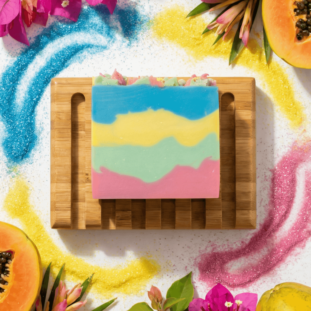 Handmade soap bar with horizontal wavy layers in blue, yellow, mint green, and pink, topped with colorful confetti embeds, resting on a bamboo soap dish surrounded by tropical flowers and papaya.